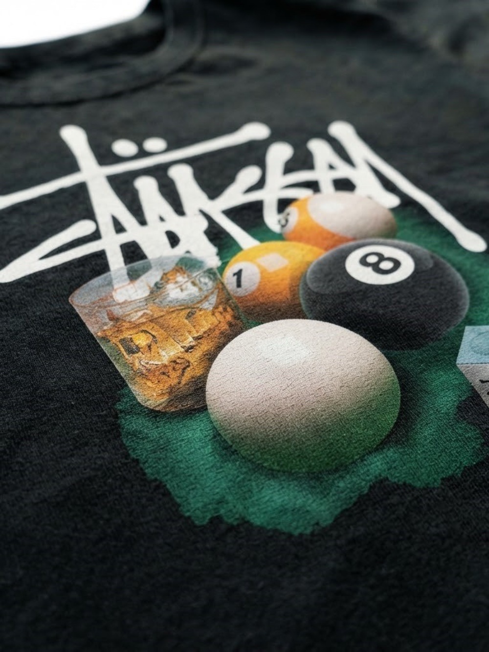 Gildan Stüssy Black Graphic Tee with Pool Balls & Drink - Picture 2 of 2